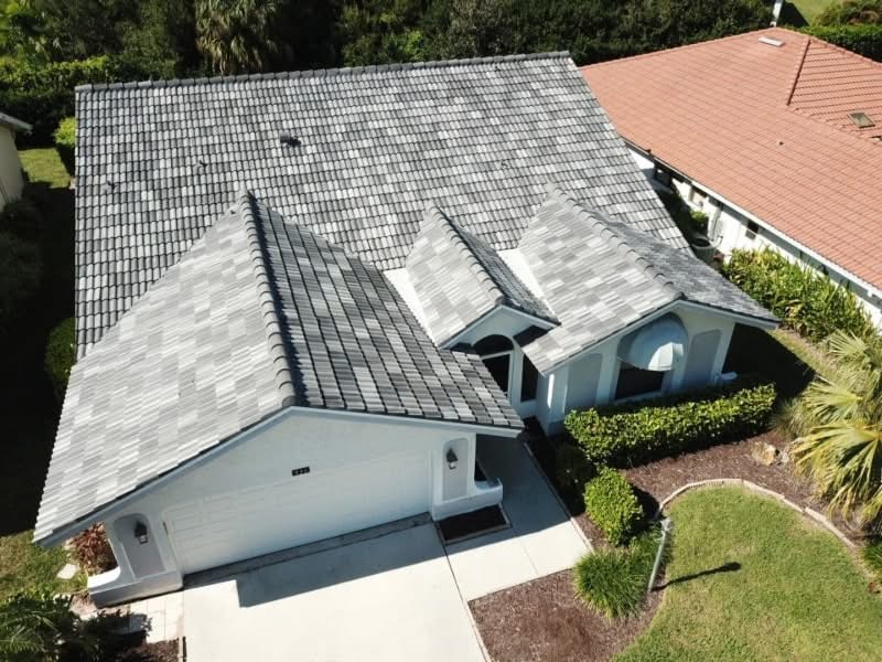 Aerial view of a grey blend concrete tile roof
